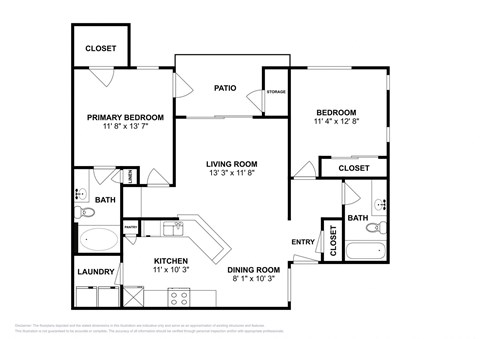 Floor plan for 2 beds, 2 baths, 1017 sqft